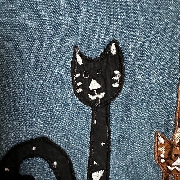 Vintage Jean Denim Jacket Cat Mom Embroidery Appliqué Quirky Cottagecore Artsy S - Picture 9 of 15